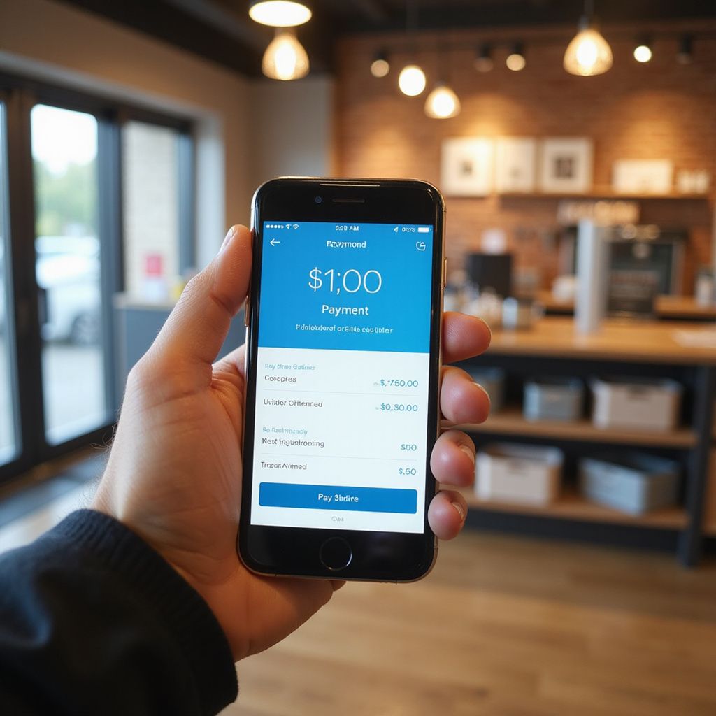 Hand holding a smartphone displaying a payment app with a $1.00 balance in a cafe.