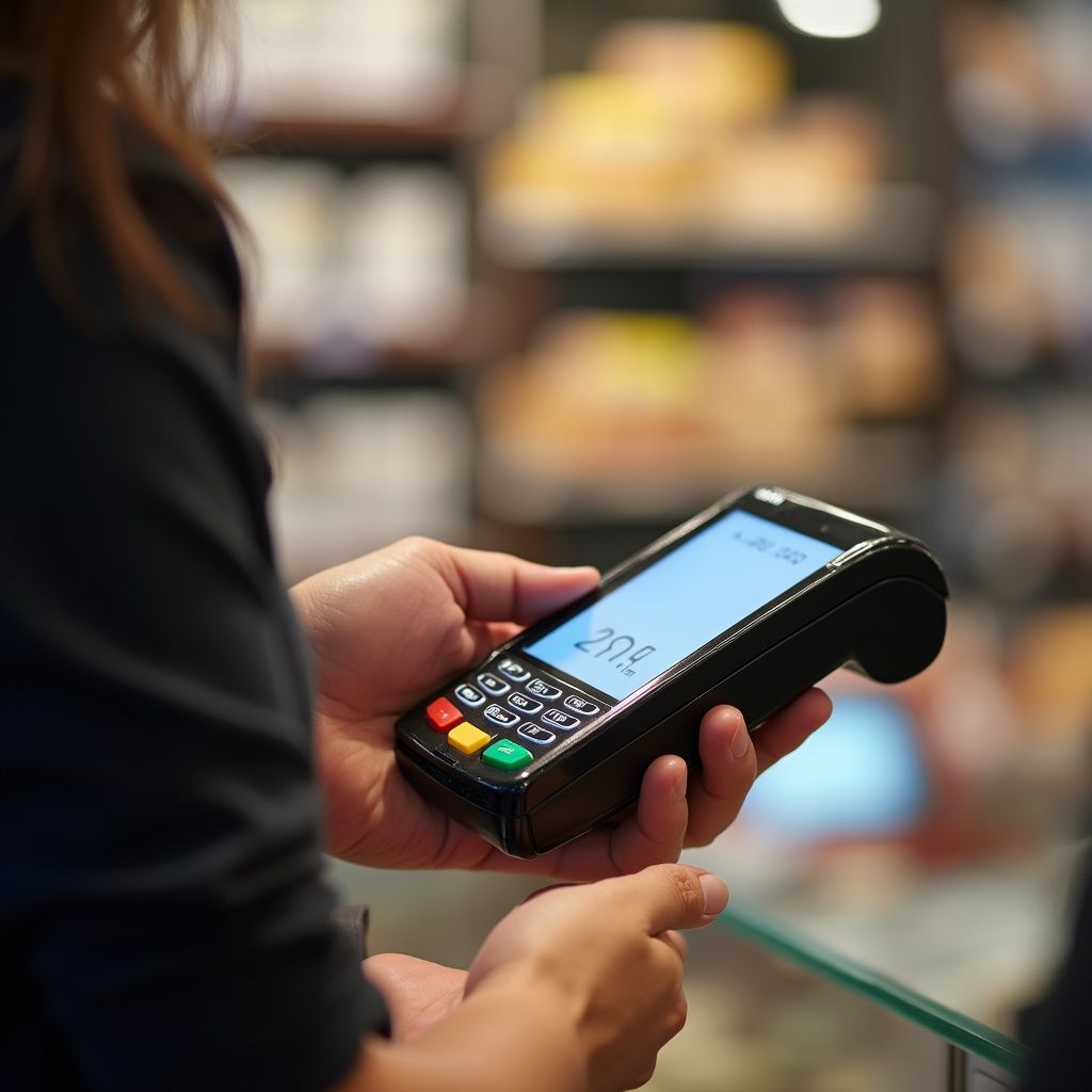 Person holding a payment terminal with a blue screen and numeric keypad in a shop.