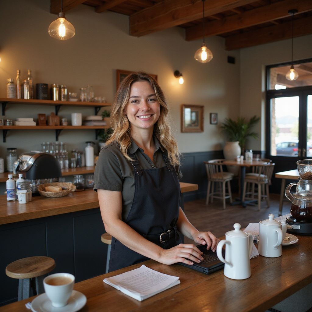 Woman in apron smiling behind coffee shop counter.