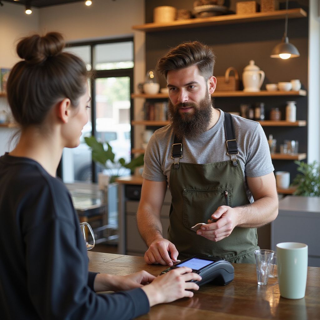Woman paying for coffee with a card at a counter; barista with beard holds the payment terminal.