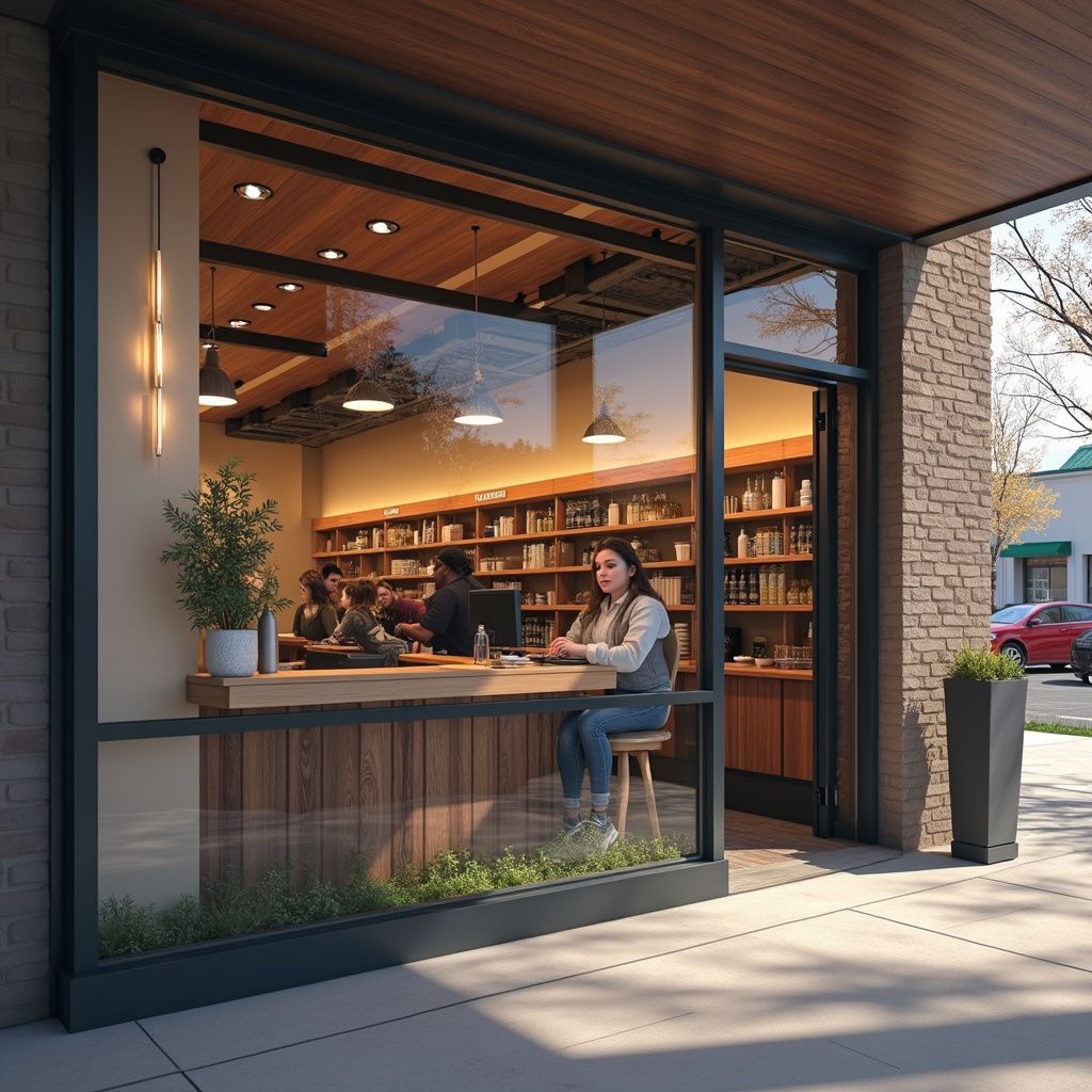 A bookstore with glass storefront. A woman works at a counter, others browse the shelves, and a street is outside.