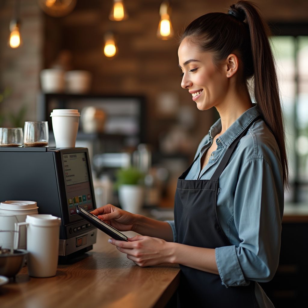 Woman with ponytail using a POS system in a coffee shop; she smiles.