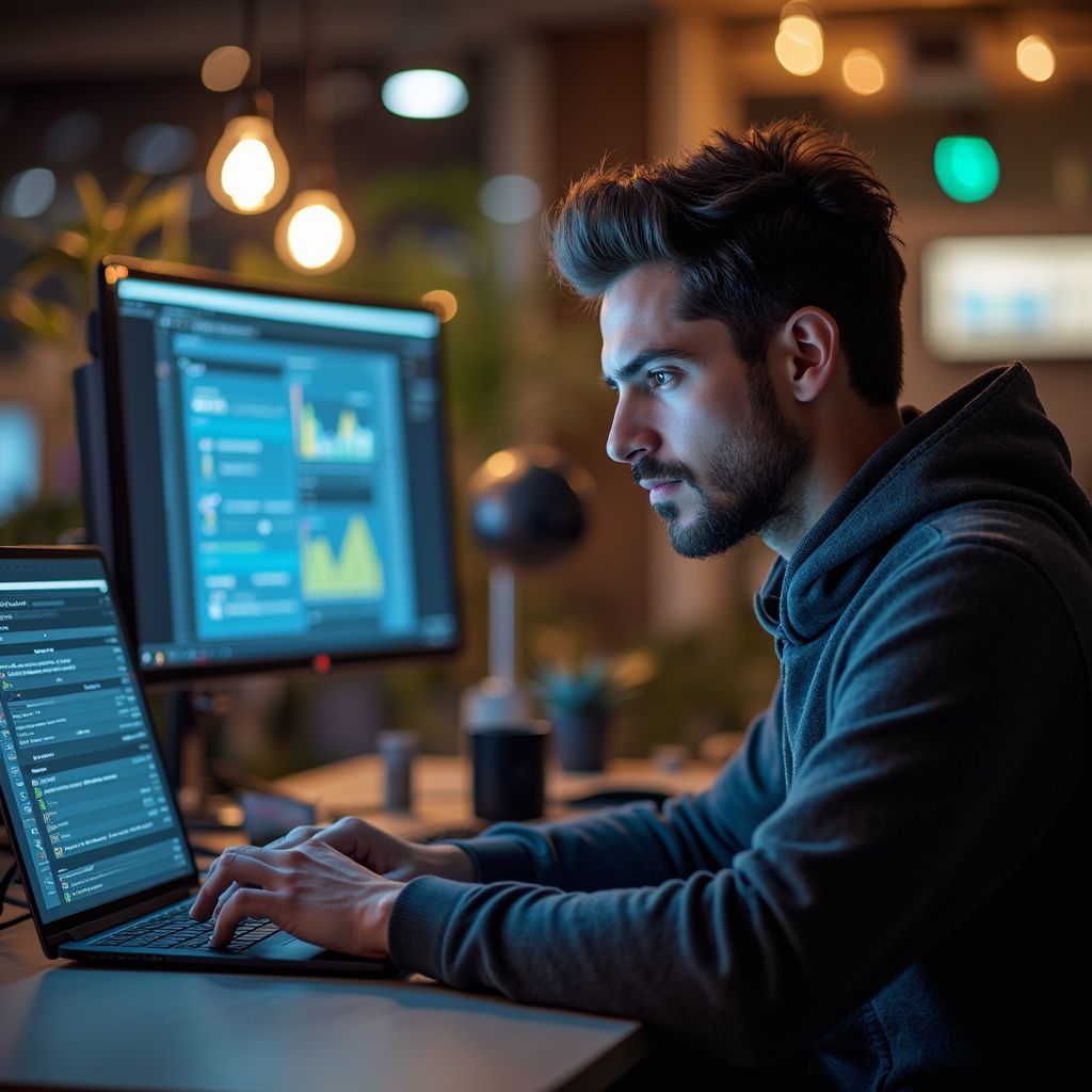 Man coding on laptop and monitor in dimly lit office. He wears a gray hoodie, focused expression.