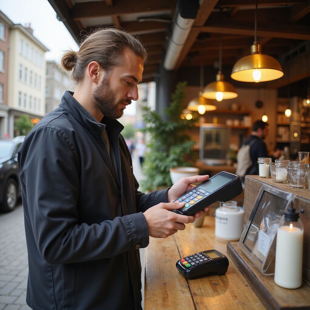 Man paying at a cafe counter with a card reader, outside on a sunny day.