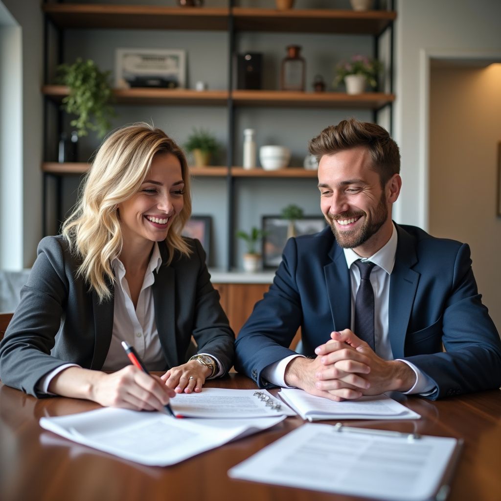 Two business professionals smiling, signing documents at a table.