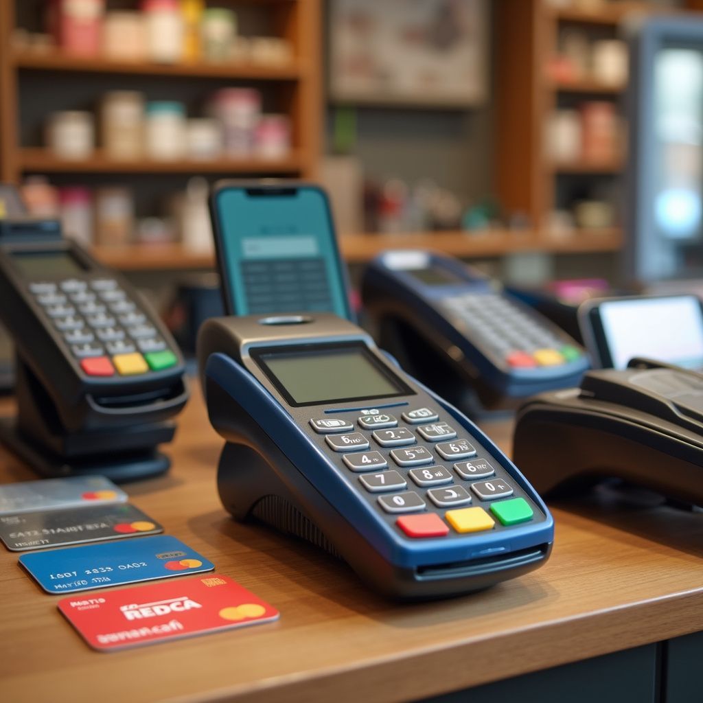 Payment terminals and credit cards on a store counter, ready for transactions.