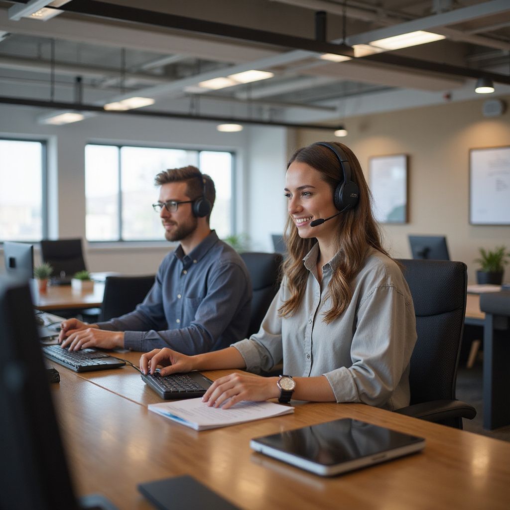 Two office workers with headsets, typing at desks. The woman smiles, the man looks focused.