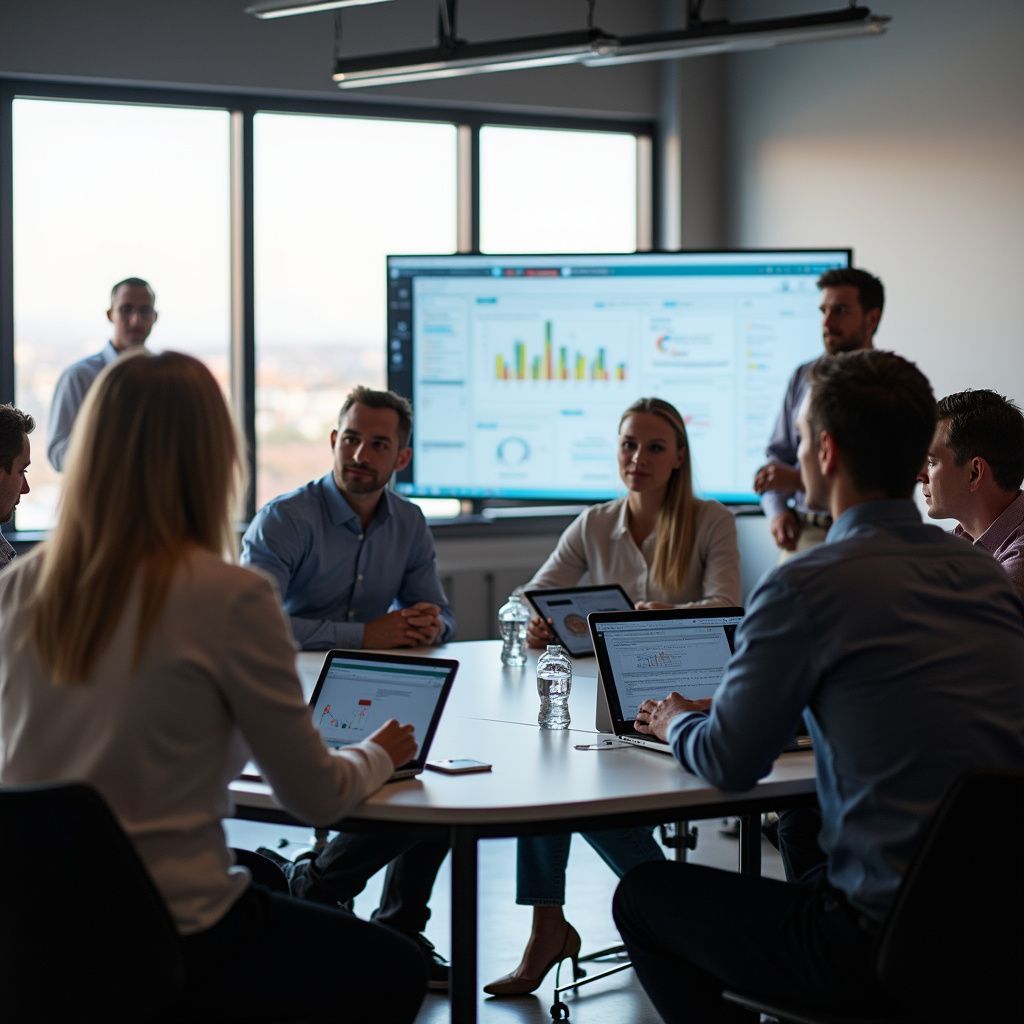 Business meeting around a circular table, with laptops and a large screen displaying charts.