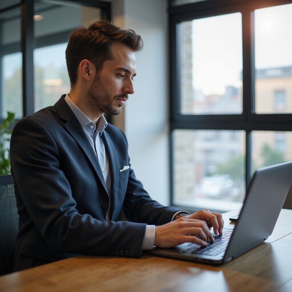Man in a suit working on a laptop at a wooden desk, near a window in an office setting.