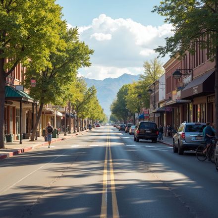 Street lined with trees and shops, cars parked on the sides, a person walking down the middle. Mountains in the distance.