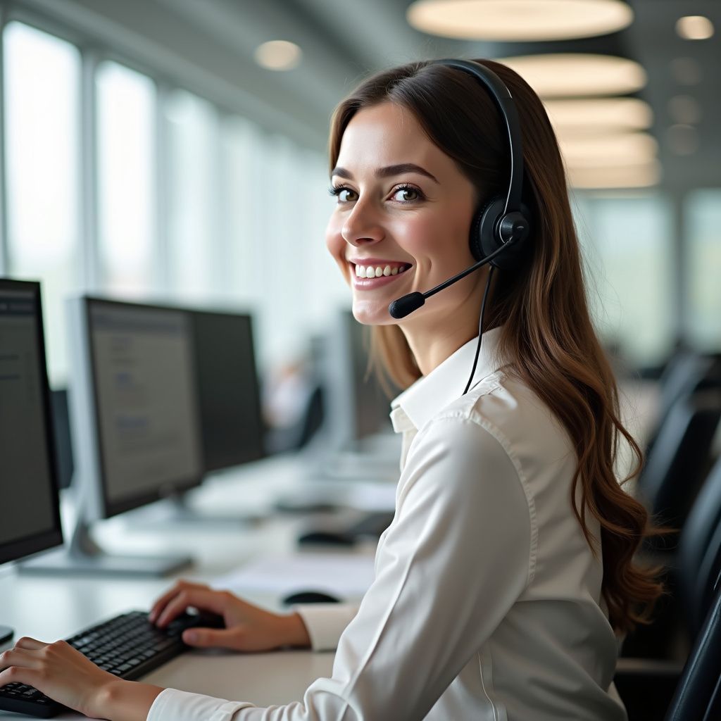 Smiling woman with headset at computer in office.