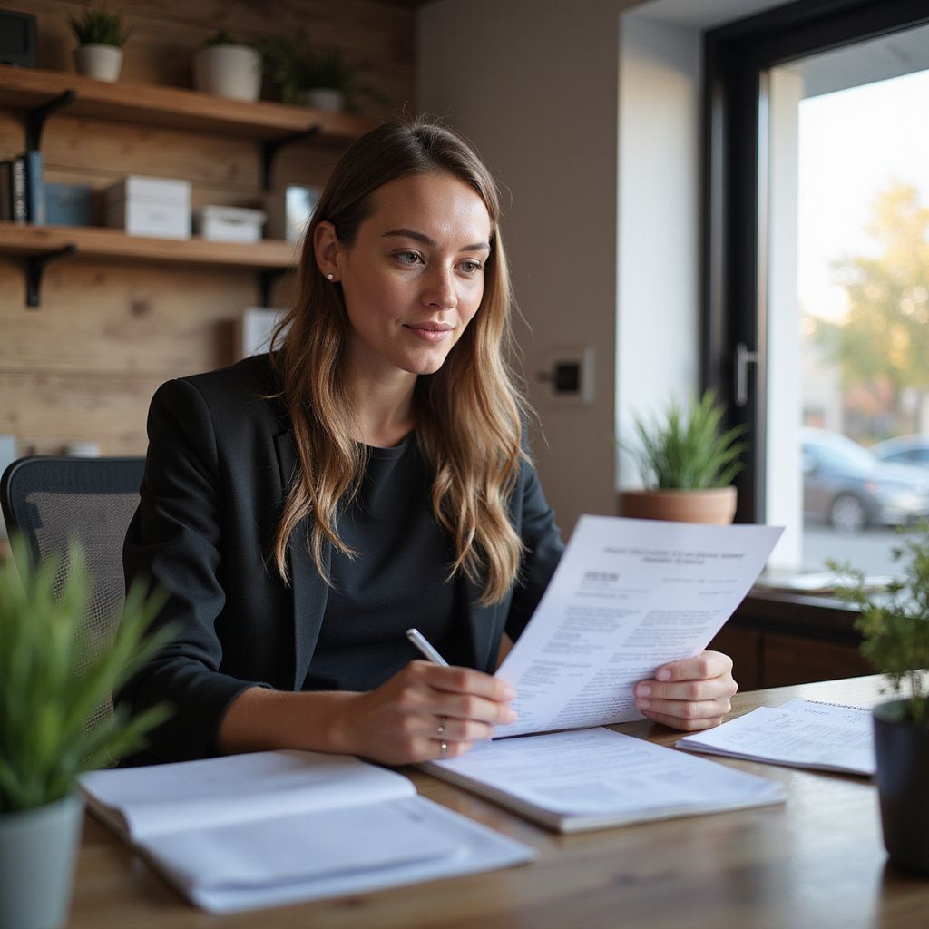 Woman in black blazer, reviewing documents at a desk near a window, plants in the background.