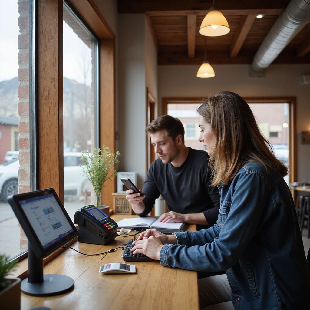 Two people at a cafe table, one on a computer, the other on a phone, near a window.