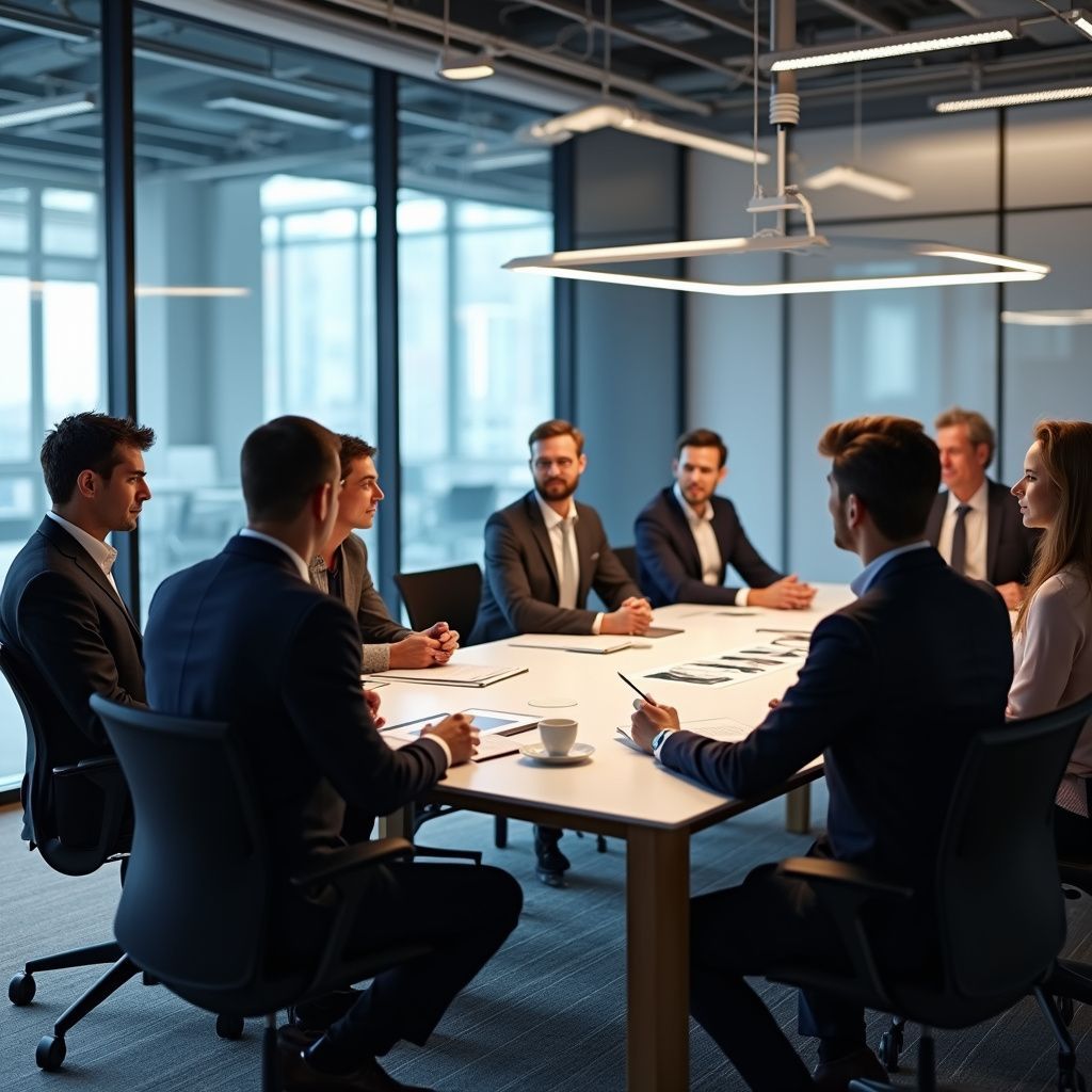 Business team in suits at a conference table, discussing papers in a modern office.