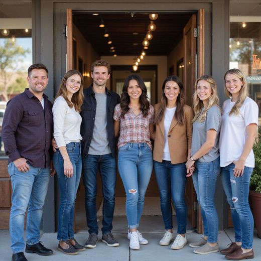 Group of seven people smiling, posing in front of a building with open doors. Casual attire; denim, tops.