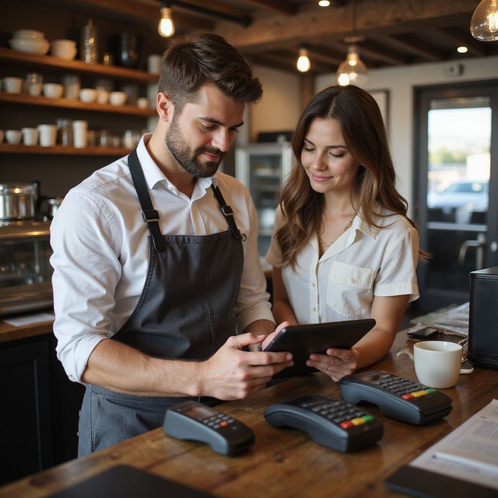 Man and woman in cafe, looking at tablet behind counter with payment terminals.
