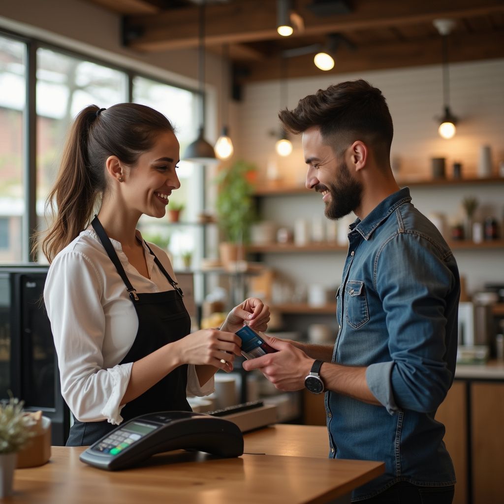 Woman in an apron at a counter taking a payment from a man with a card in a cafe. They are smiling.
