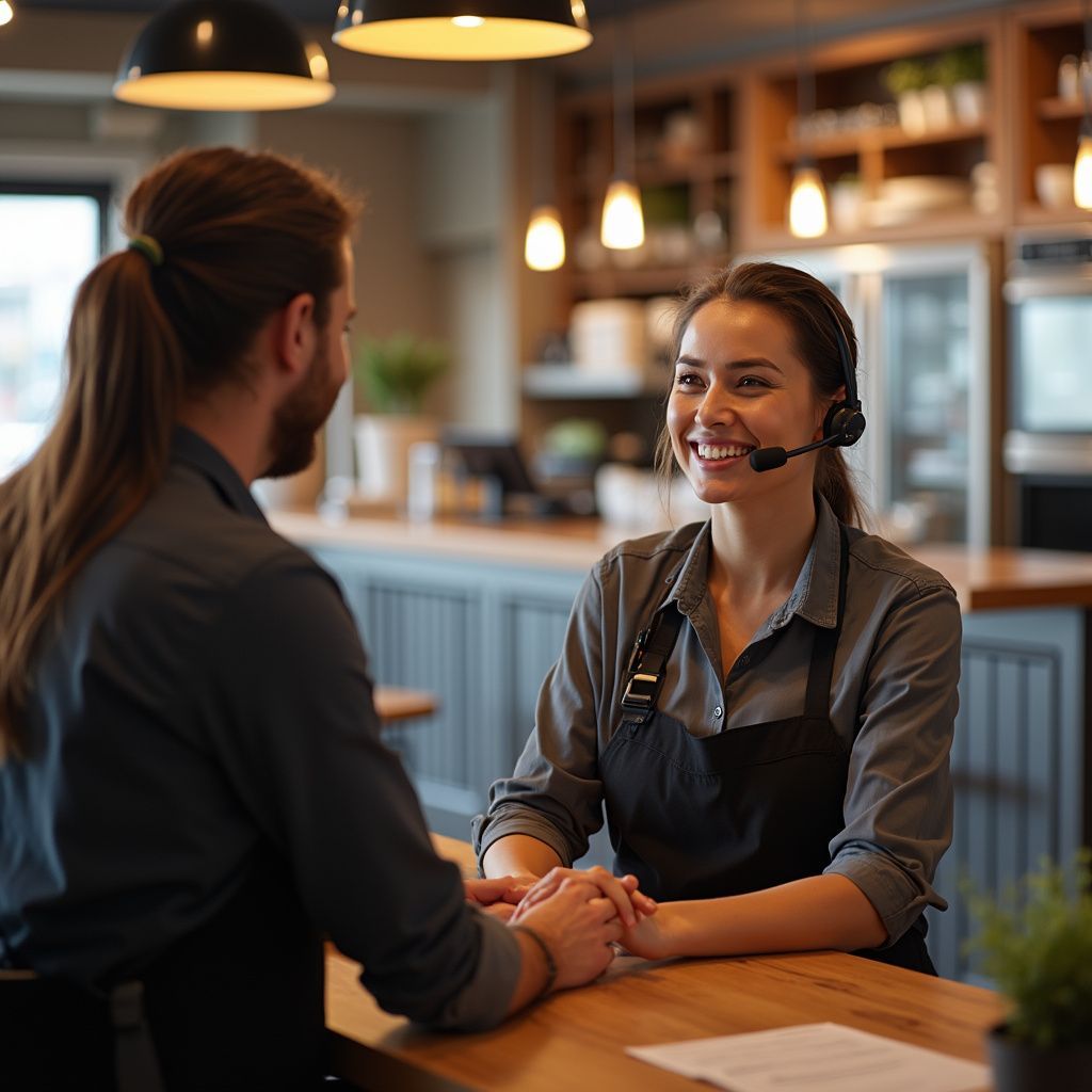 Woman with headset smiles at a man across a counter in a cafe.
