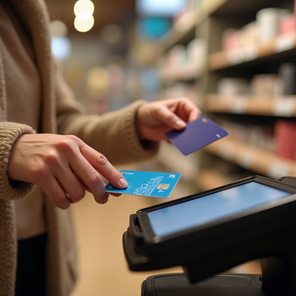 Person paying with blue card at a checkout, holding a second purple card. Blurred shelves in background.