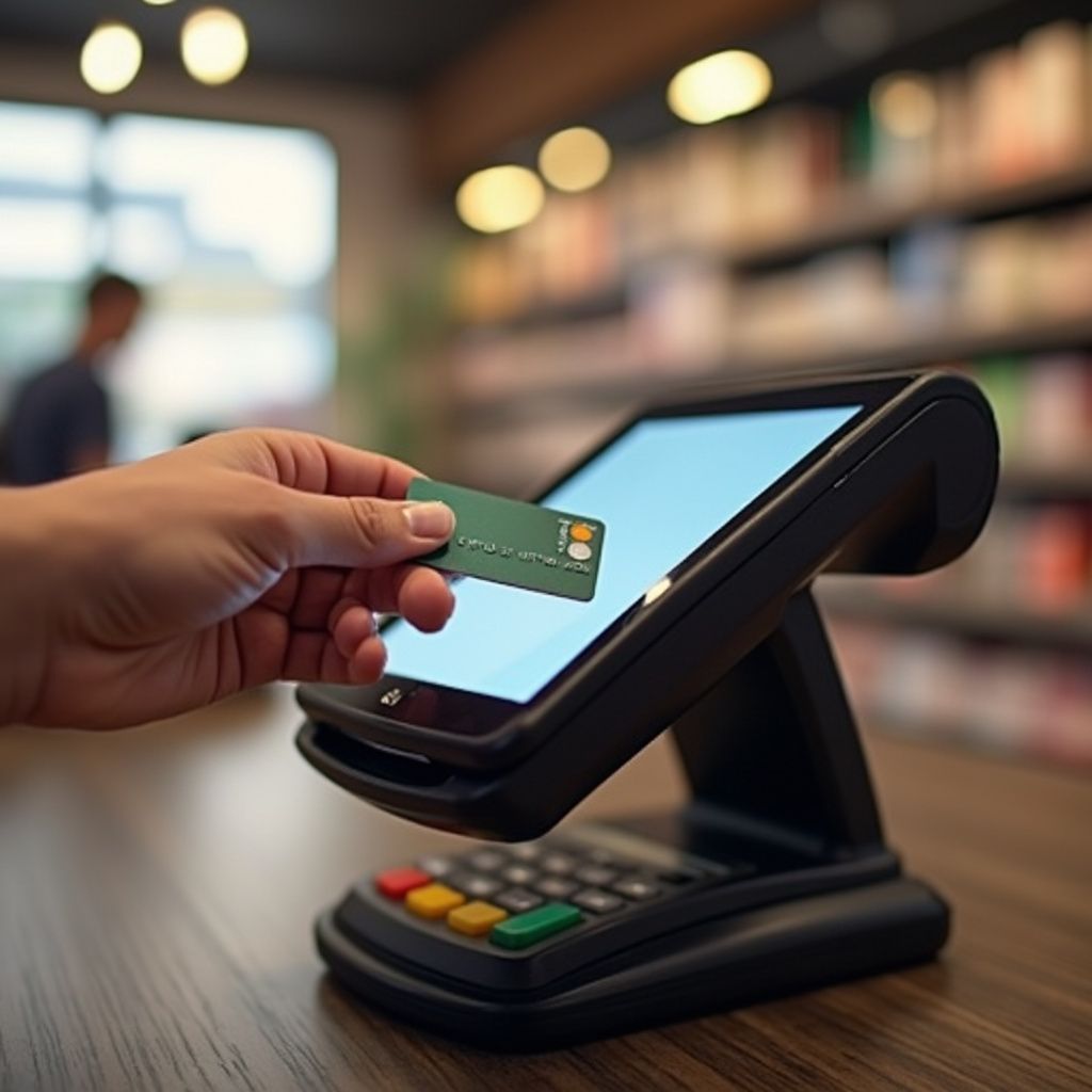 Hand holding a credit card over a point-of-sale terminal in a store.