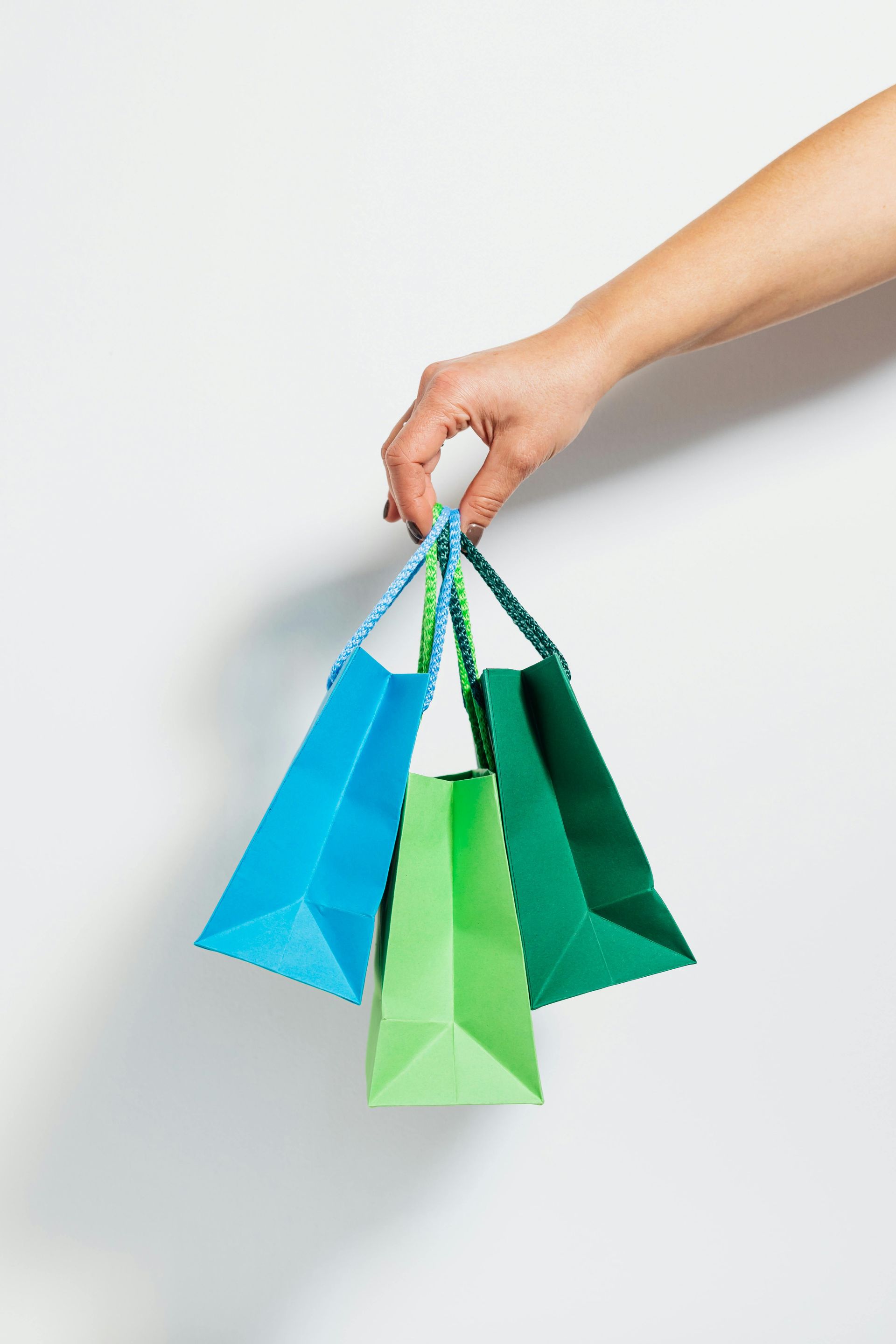 A person is holding three shopping bags in their hand