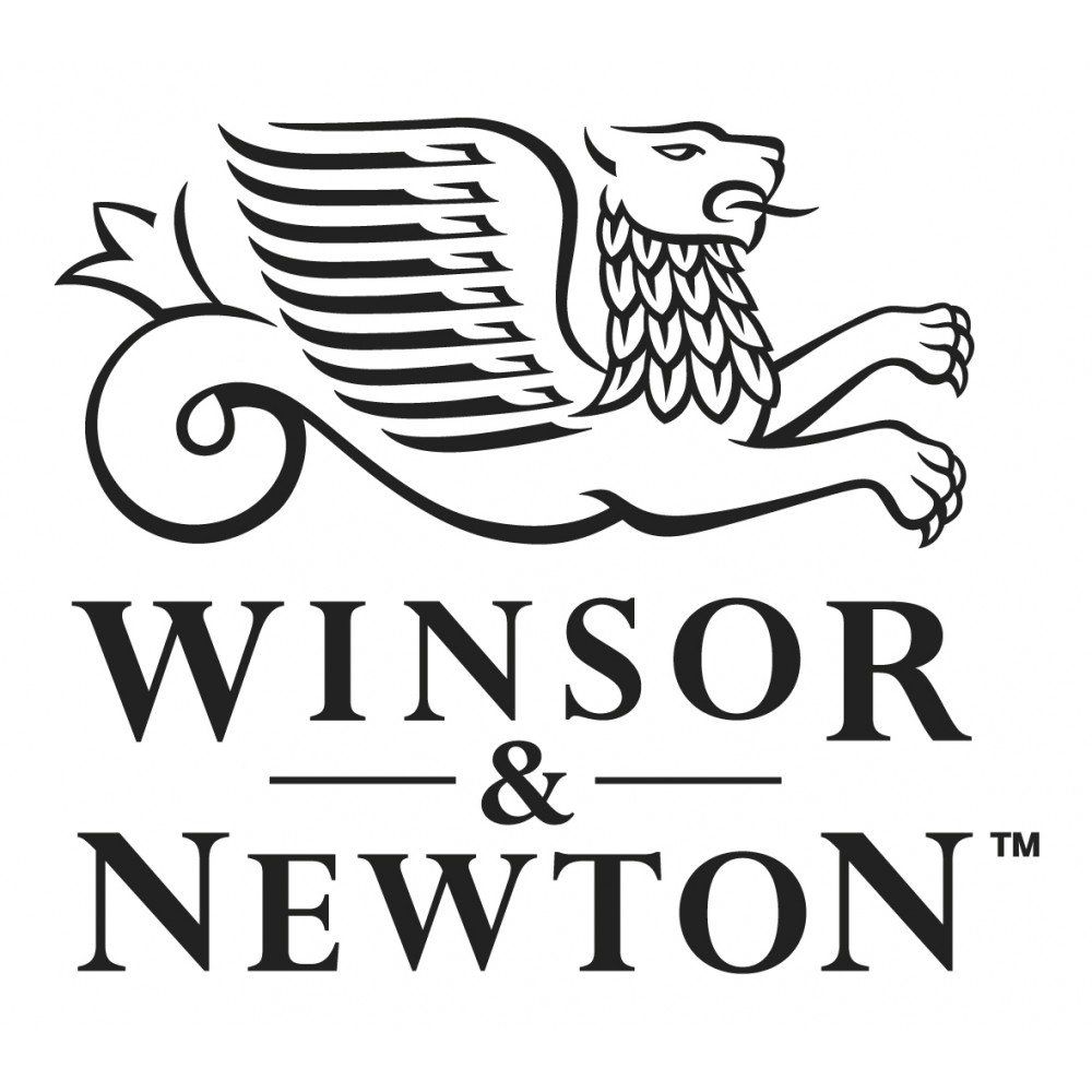 Un logo in bianco e nero per Winsor & Newton con un leone sopra.