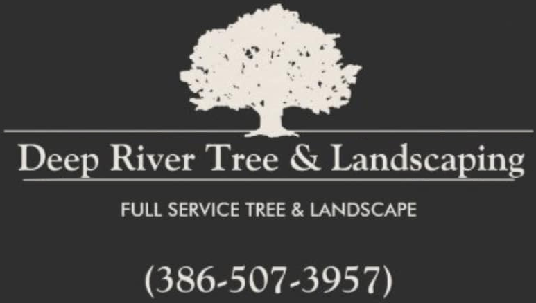 Logo for Deep River Tree & Landscaping: a beige tree, white text on black background, and phone number.