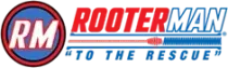 RooterMan logo with "RM" in a circle, "ROOTERMAN" in red, and "TO THE RESCUE" below.