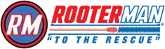 RooterMan logo with "RM" in a circle, "ROOTERMAN" in red, and "TO THE RESCUE" below.