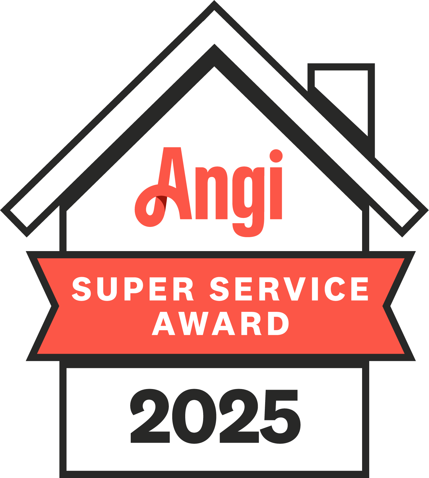 Angi Super Service Award 2025 badge: red Angi logo, banner, and number within a house-shaped frame.