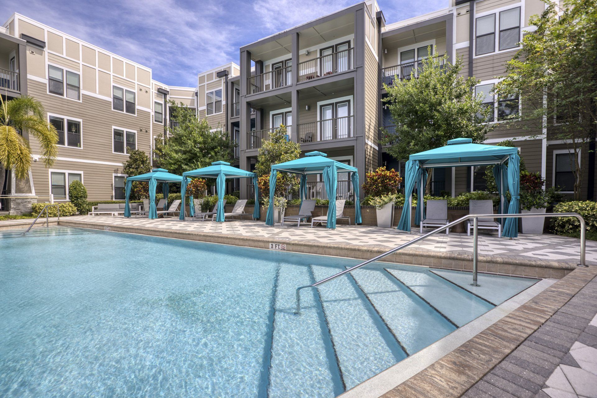 pool and lounge area with umbrellas at NoHo Flats