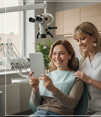 Dentista igualando el color de un diente con el de un paciente. Se ve el rostro del paciente con guantes rosas.