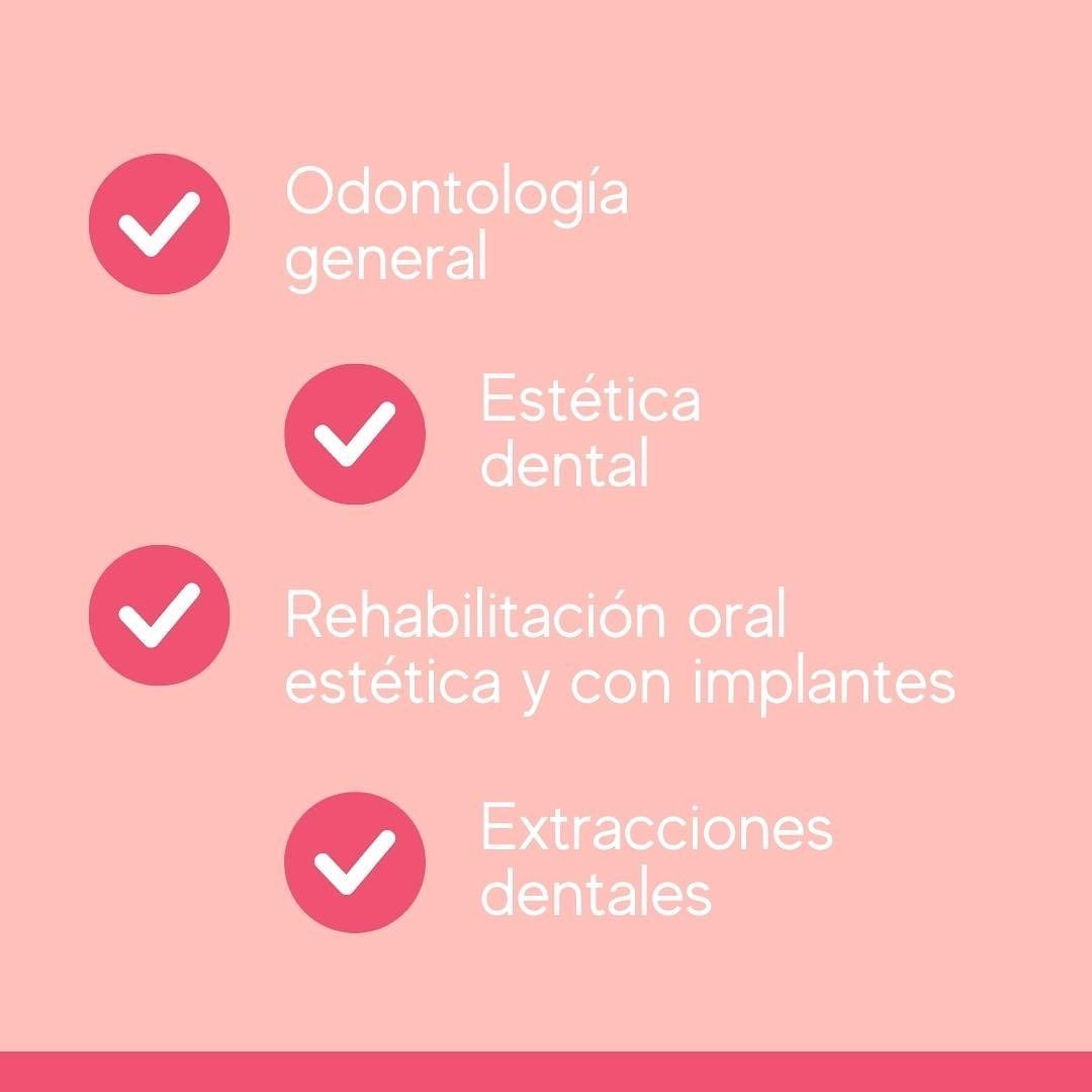 Marcas de verificación junto a los servicios dentales enumerados sobre un fondo rosa.