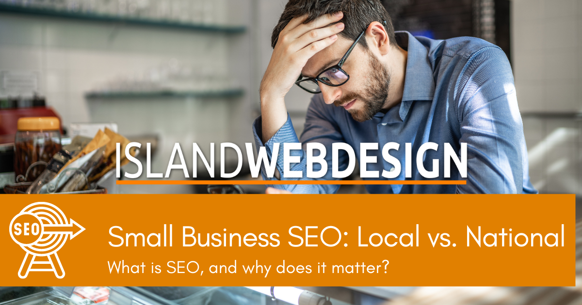 Worried business man holds his head, staring at his phone. With Island Web Design logo & blog title