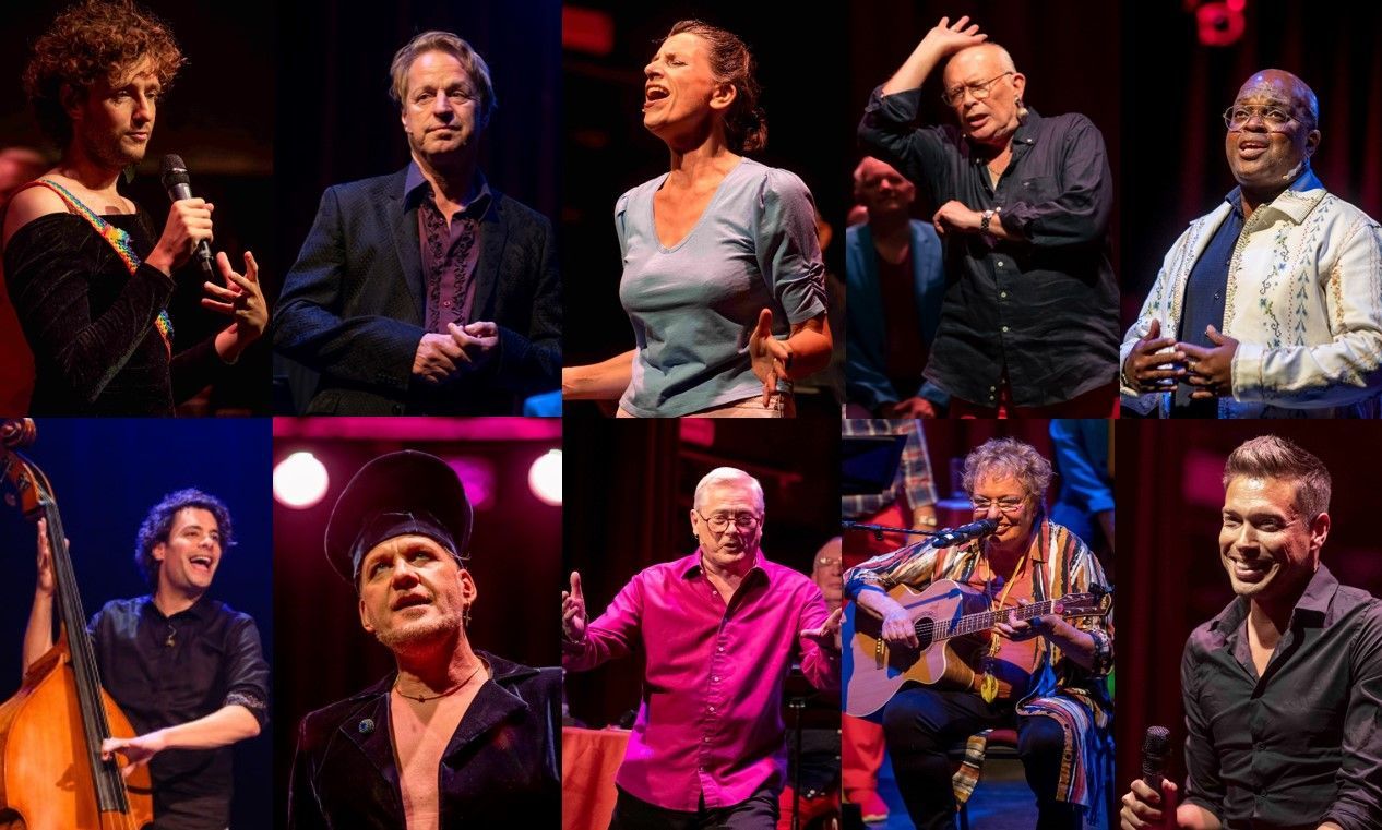 Pride Amsterdam Chantant 2024 Zingend de kast uit Nederlied in Theater  Zonnehuis, Tony Neef, Frans Mulder, Astrid Nijgh, Emile Baars, Sjors van der Panne, Rikkert van Huisstede, Evert de Vries, Irene Hemelaar, Alexei, Diederik Ensink