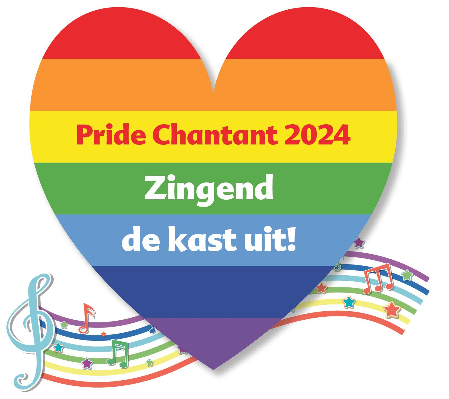 Een regenbooghart met de aankondiging van ons Nederlied Pride Chantant 2024 Zingend de kast uit, dat we van 23 november tot en met 1 december brengen in theater Het Zonnehuis in Amsterdam-Noord.