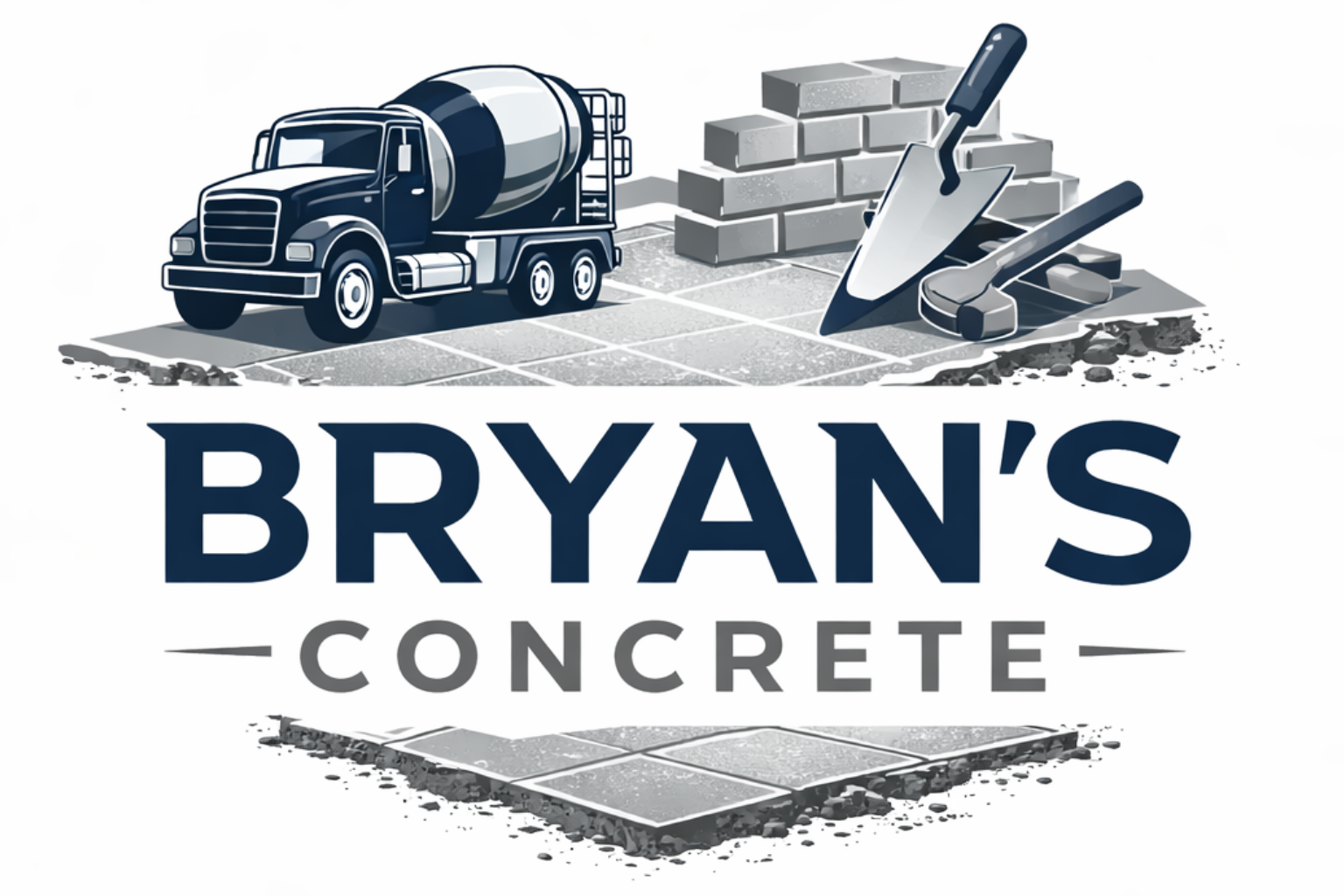 Bryan's Concrete logo: cement truck, bricks, trowel, hammer, and finished concrete, in navy, gray and white.
