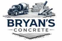 Bryan's Concrete logo: cement truck, bricks, trowel, hammer, and finished concrete, in navy, gray and white.