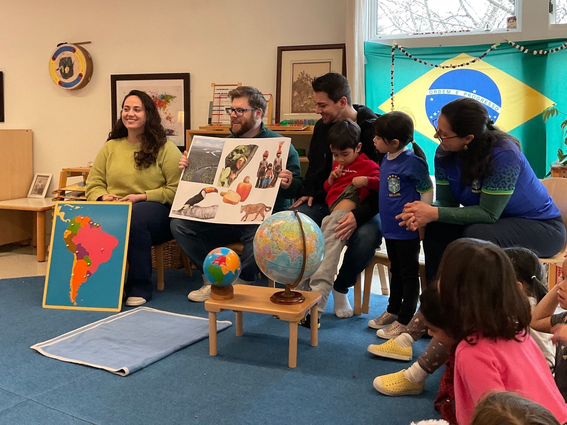 Student's families visit the classroom to present about Brazilian culture.