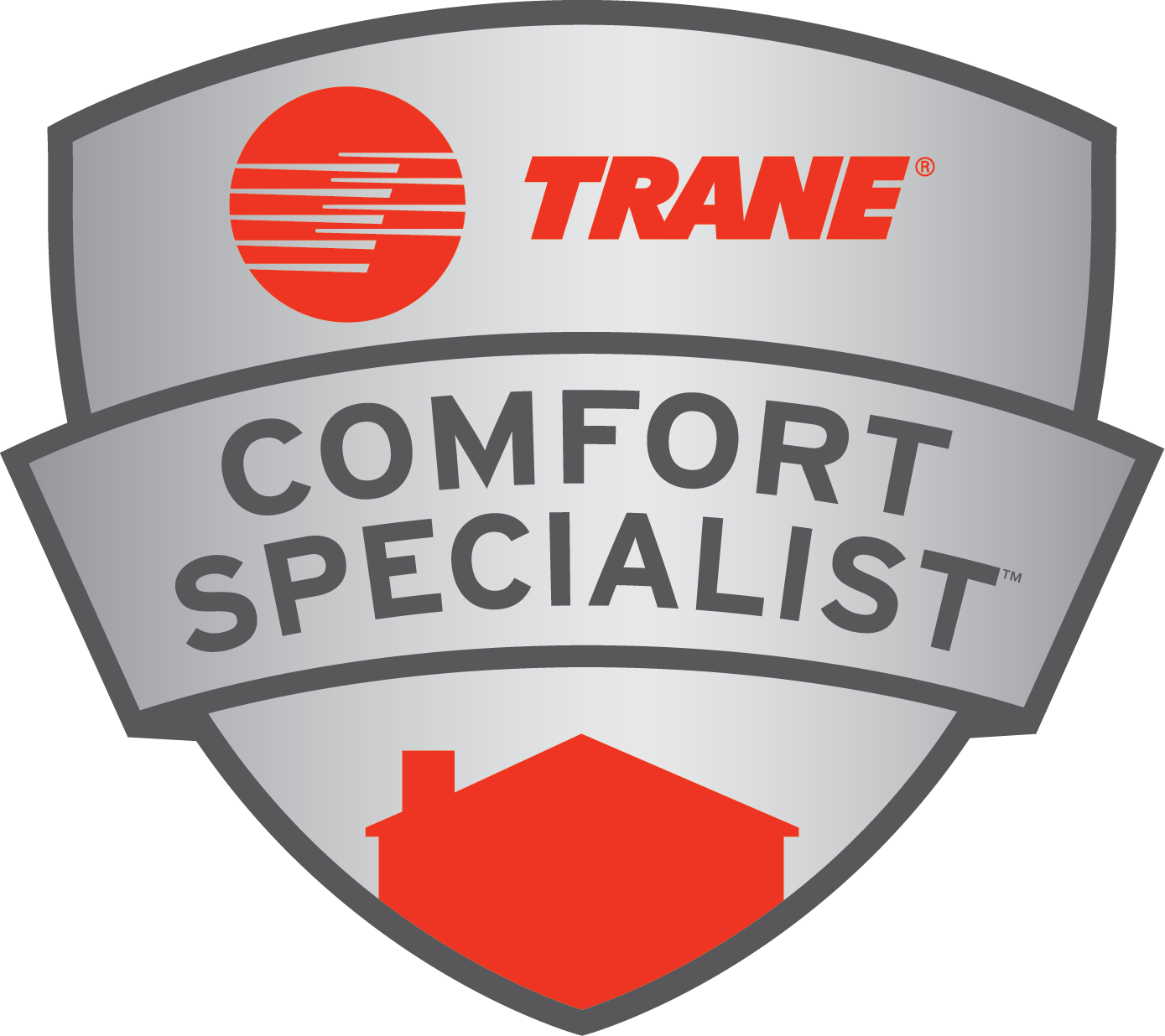 Trane Comfort Specialist badge: silver shield with red house and Trane logo.