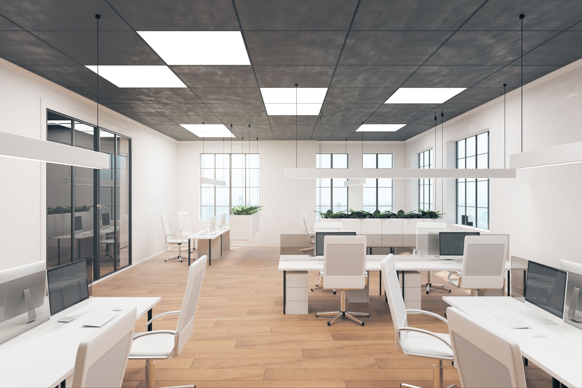 Modern office interior with white desks, chairs, and large windows.  Concrete ceiling with bright square lights.
