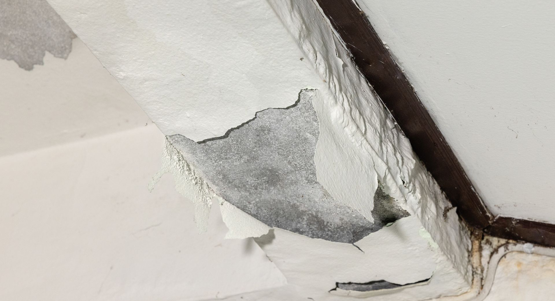 Damaged ceiling with peeling paint revealing gray concrete beneath, dark stain at the edge.