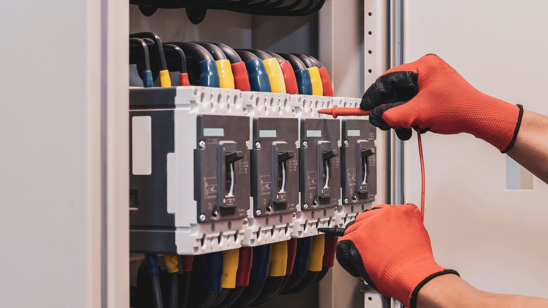 Hands in red gloves working on electrical circuit breakers in a panel.