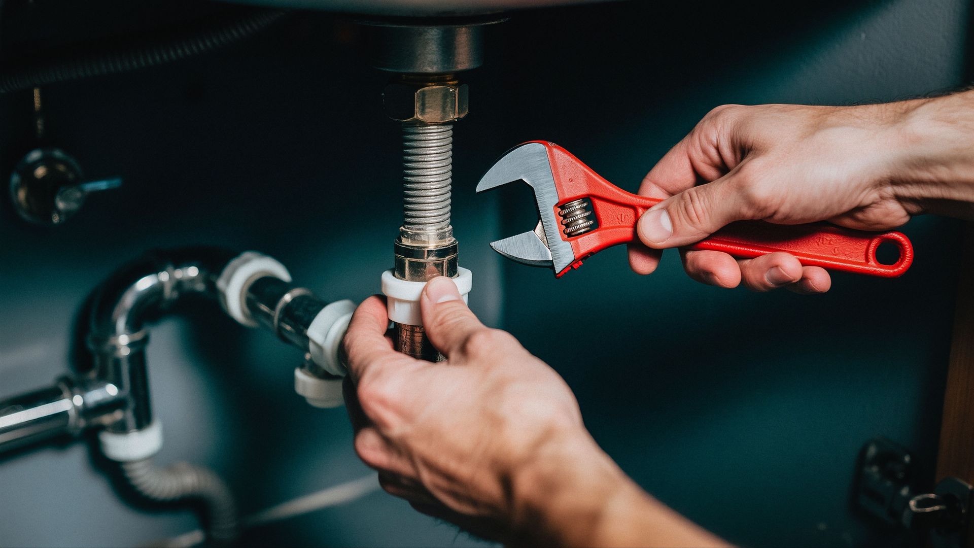 Hands tightening a pipe fitting with a red adjustable wrench under a sink.