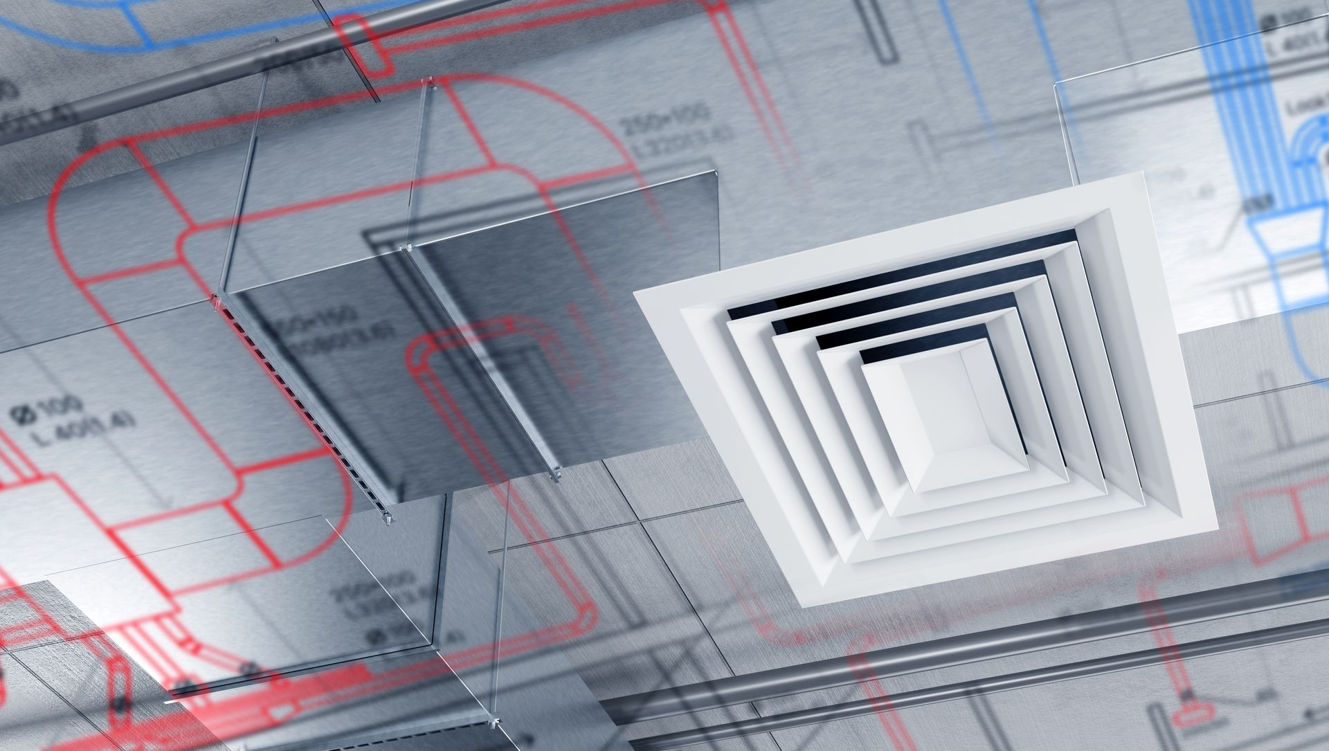 HVAC ceiling vents overlayed on a blueprint with red and blue ductwork.