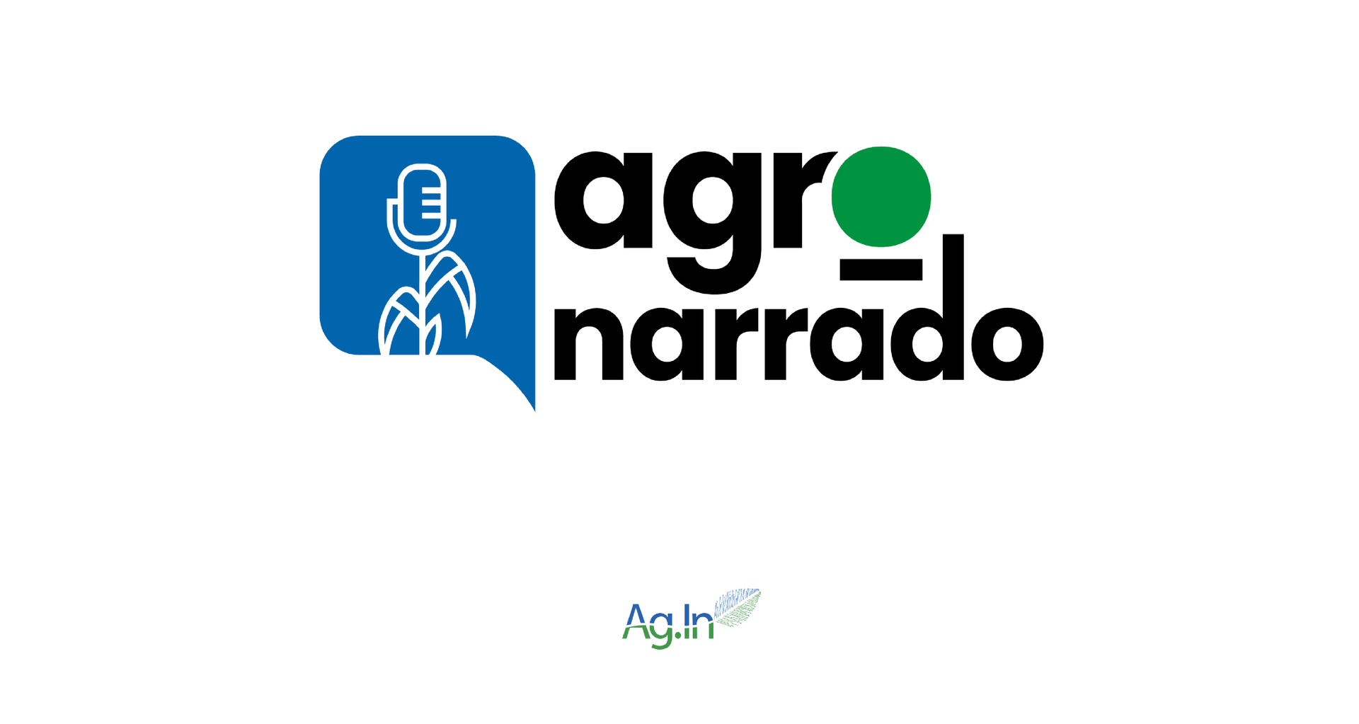Logotipo do Agro Narrado, escrito Agro Narrado, com um ícone azul de planta de milho com microfone.