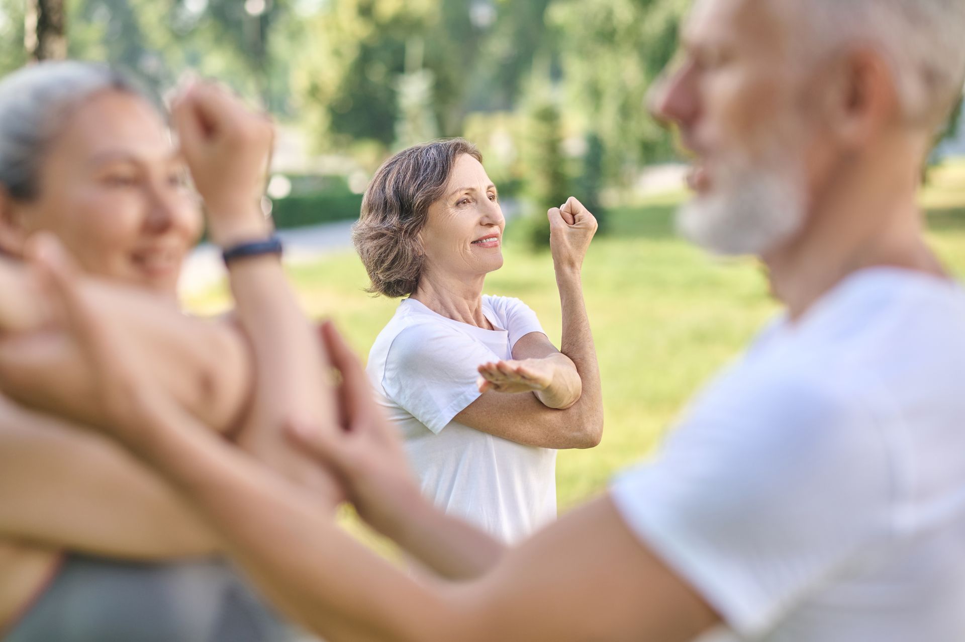 A group of elderly people are stretching their arms in a park.