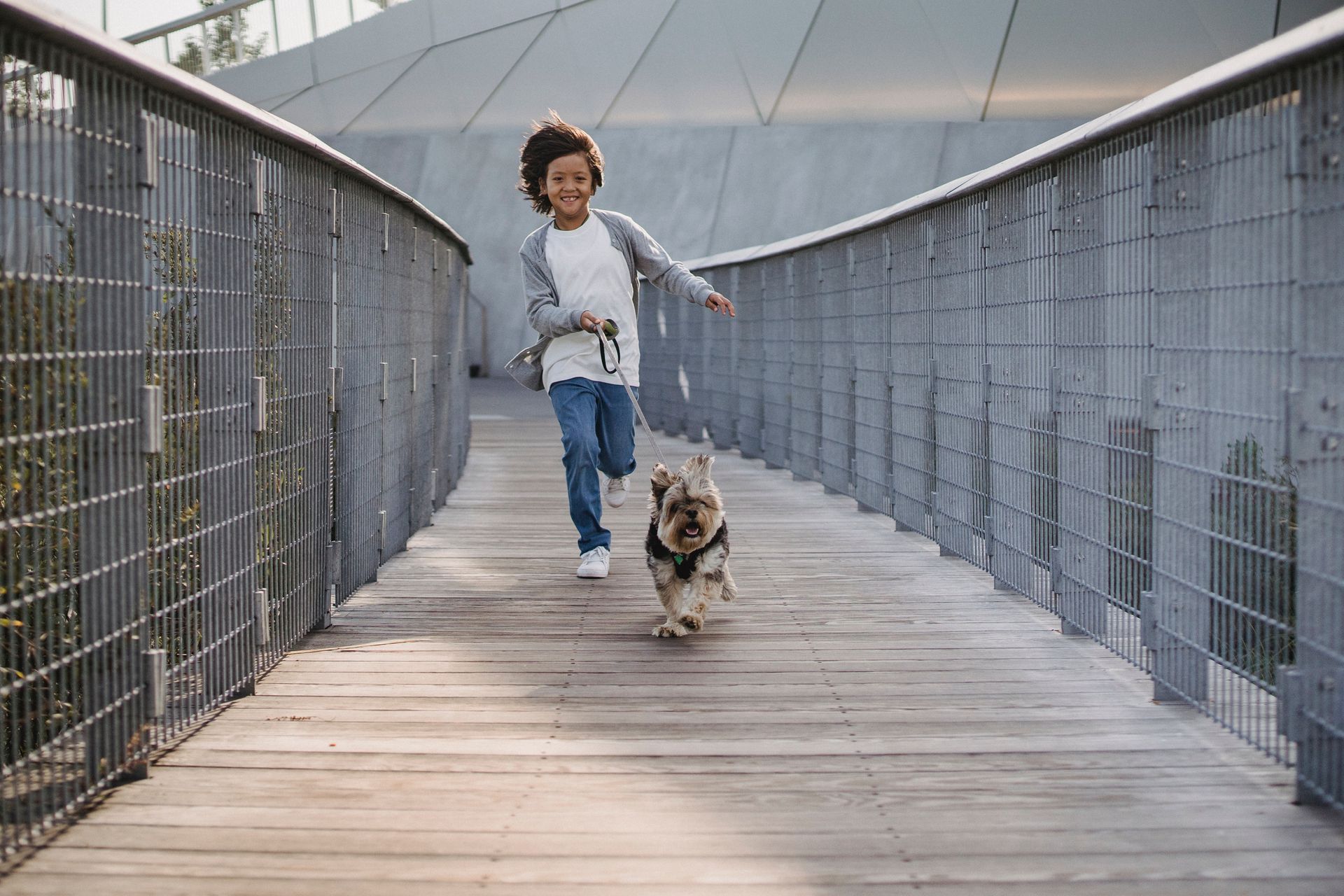 Boy and small dog run on a wooden walkway, smiling. Metal railings on either side, modern building in background.