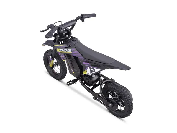 Electric dirt bike, black with purple and yellow accents, racing number 12 — MPE Adventure Quads & Bikes In Maitland, NSW