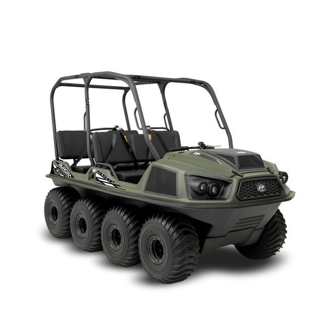 A Green Amphibious Vehicle With Six Wheels on a White Background — MPE Adventure Quads & Bikes In Thornton, NSW